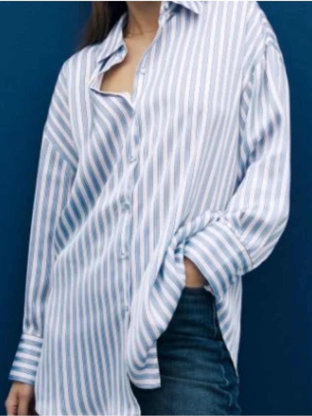 Zara Light Blue and White Striped Button-Up Blouse